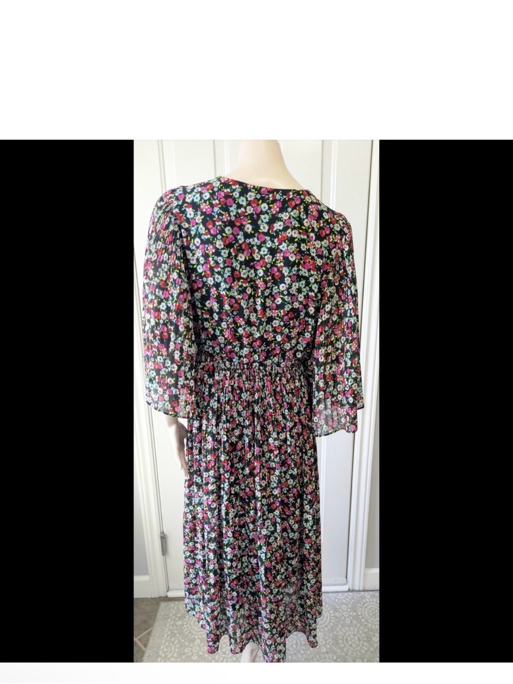 H&M Black Floral Long-Sleeve Midi Dress with Pink & Green Blooms - Picture 4 of 6